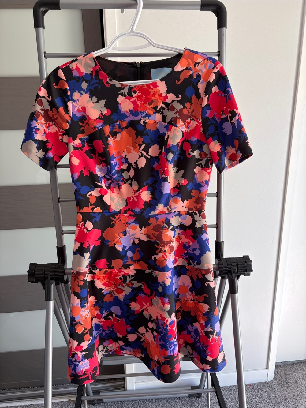 CeCe Black Floral Mini Dress with Pink, Orange & Blue Print